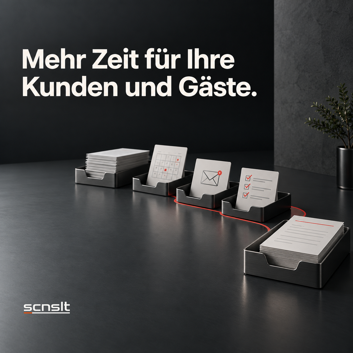 Mehr Zeit für Ihre Kunden und Gäste. Abstrakte Dokumentablagen, Kalender, E-Mail und Checkliste auf dunkler Arbeitsfläche.